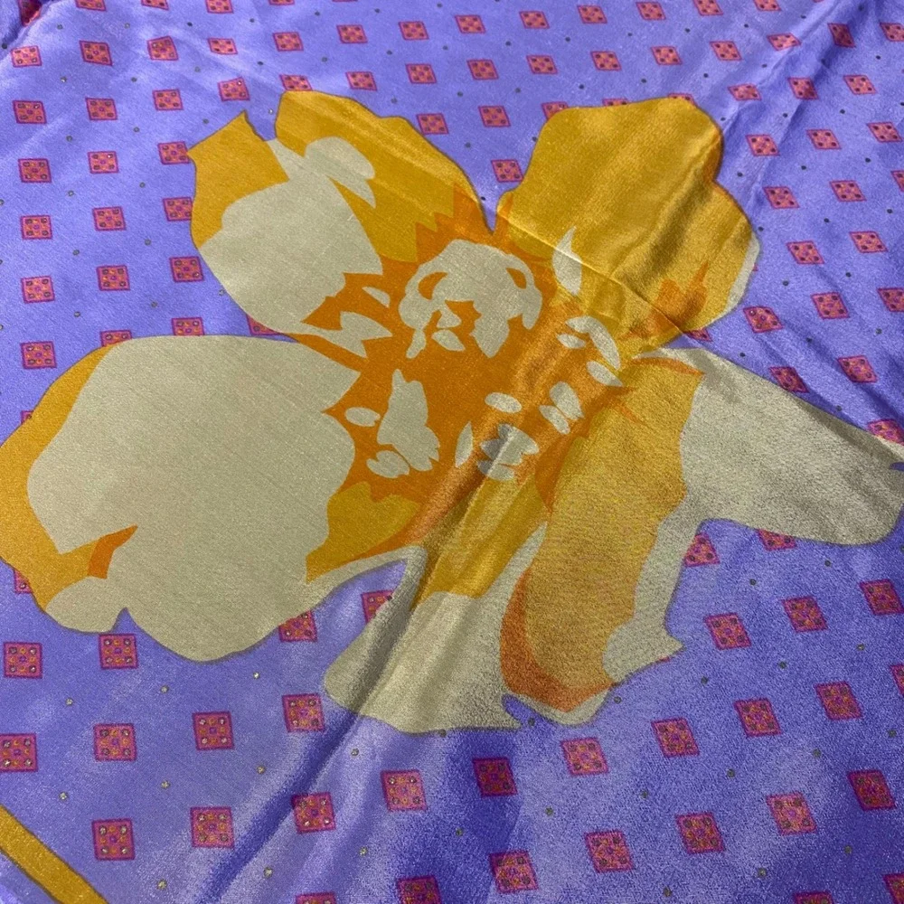 Elaine Gold Vintage Purple Yellow Floral Geometric Square Silk Scarf 30x30